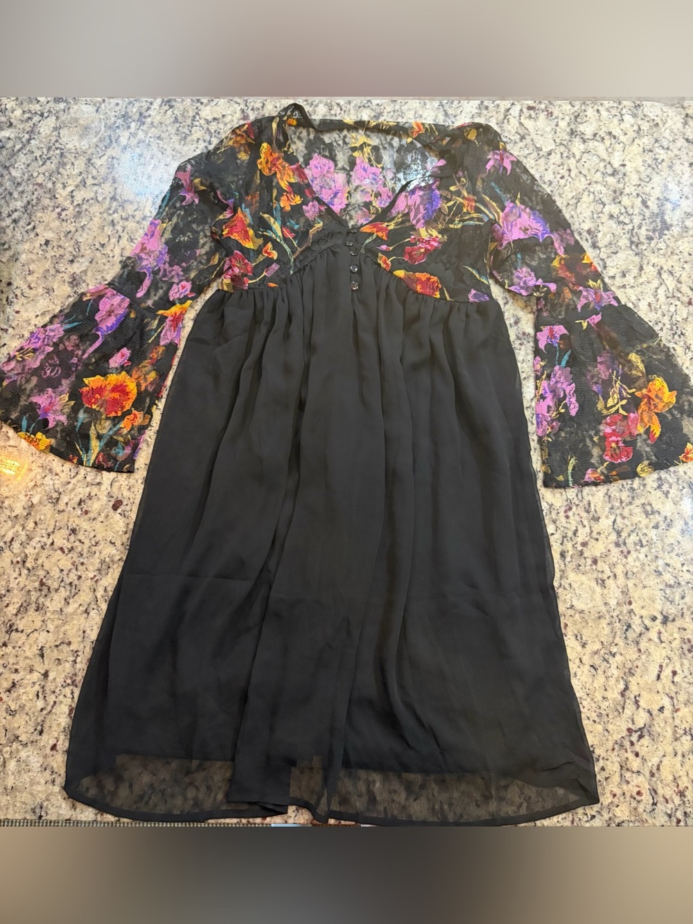 Black Dress with Purple and Orange Floral Lace Bodice and Bell Sleeves